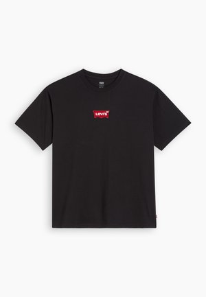 Black cotton t-shirt with a round neckline. Features a red Levi's logo on the chest in a rectangular white border. Short sleeves.