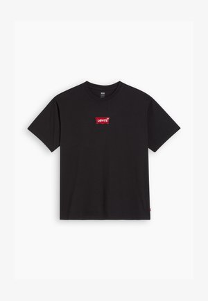 Black cotton t-shirt with a round neckline. Features a red Levi's logo on the chest in a rectangular white border. Short sleeves.
