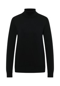 Černý rolákový svetr vyrobený z žebrované pleteniny. Dlouhé rukávy s přiléhavými manžetami a vysoký límec. Jednoduchá a hladká textury.