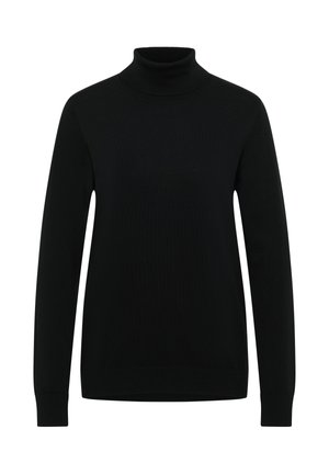 Sort rullekrave trøje lavet af ribstrikket materiale. Lange ærmer med tætsiddende manchetter og høj hals. Simpelt og ensartet tekstur.
