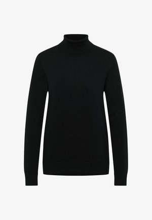 Czarny sweter z golfem wykonany z prążkowanego dzianinowego materiału. Długie rękawy z dopasowanymi mankietami oraz wysoki kołnierz. Prosta i gładka faktura.