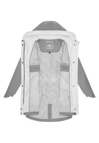White waterproof jacket with a gray striped interior, snap closures, adjustable hood, and side pockets. Features a smooth texture and casual design.