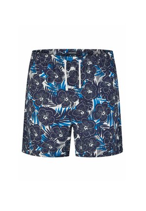 Marine zwemshorts met een wit en blauw bloemmotief, elastische tailleband en trekkoord. Gemaakt van lichtgewicht, snel drogend materiaal.