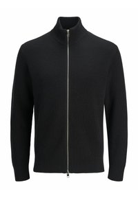 Crni rebrasti zip-up pulover s visokim ovratnikom, dugim rukavima i kontrastnim srebrnim zatvaračem. Izrađen od meke, teksturirane tkanine.
