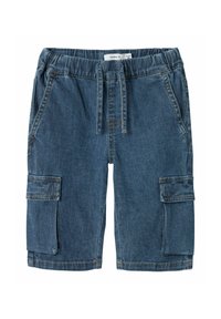 Bermuda jeans con vita elasticizzata, cordoncino, due tasche laterali e due tasche cargo. Colore blu scuro con cuciture visibili.