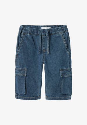Șorturi din denim cu talie elastică, șnur de ajustare, două buzunare laterale și două buzunare tip cargo. Culoare albastru închis cu cusături vizibile.