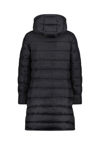 Lange zwarte pufferjas met een capuchon, voorzien van een geborduurd ontwerp en een gladde textuur. De jas heeft lange mouwen en valt onder de knieën.