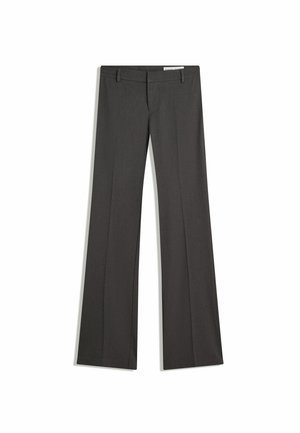 Gray flared trousers in a smooth fabric, featuring a flat front, belt loops, and a tailored design with clean lines.