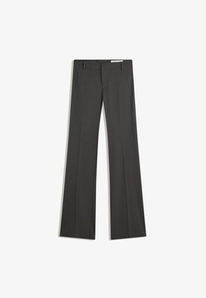 Szare spodnie w fasonie dzwonów, wykonane z gładkiego materiału, z płaskim przodem, paskami do paska oraz skrojonym krojem o czystych liniach.