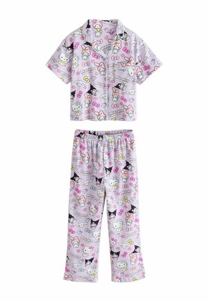 To-delt lyse lilla børnepyjamas s kortærmet knappetop og bukser med Hello Kitty og venner mønster.