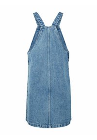 Blå denimklänning i petticoatstil med justerbara axelremmar och mitt bakseam, knälång, avslappnad stil.