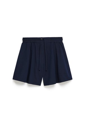 Navy blue striped shorts with an elastic waistband, drawstring detail, and pleats. Made of lightweight fabric with a textured finish.