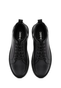 Black leather sneakers with lace-up design, rounded toe, and reinforced heel. Smooth texture with logo on the insole. No visible patterns.