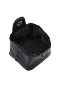 Black leather coin purse with a soft interior lining, rounded corners, and a snap fastener on a stitched edge. Interior is plain black fabric.