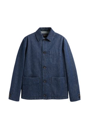 Chaqueta vaquera azul oscuro con cuello, cierre de botones, dos bolsillos inferiores, un bolsillo en el pecho y puños con botones.
