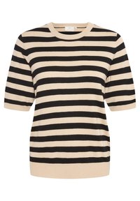 Stripet striktrøje med skiftevis sorte og beige striber, korte ærmer og rund halsudskæring. Glat tekstur, afslappet design.