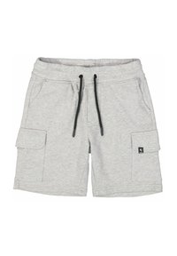 Pantaloni corti grigi in cotone con vita elasticizzata, cordino nero e due tasche cargo. Presenta un piccolo logo sul davanti.