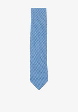 Blue tie with a textured pattern of small white dots, tapered end, and smooth fabric finish. Classic, narrow design for formal wear.