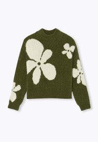 Pull en tricot vert avec de grands motifs floraux blancs, col rond et poignets côtelés. Texture douce, design cropped.