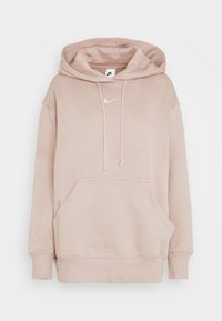 Felpa beige chiara in tessuto morbido, con tasca frontale, coulisse e un piccolo logo impresso sul petto. Vestibilità comoda.