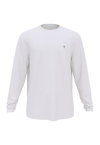 Long-sleeve white shirt with a round neckline, made of lightweight fabric, featuring a small black logo on the chest and fitted cuffs.