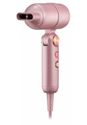 Kompakter pinkfarbener Haartrockner mit verstellbarer Düse, zwei Bedientasten und am Sockel angeschlossenem Netzkabel.