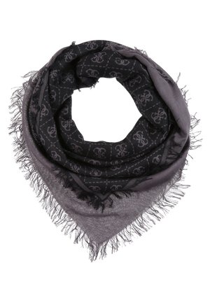 Sort og gråt firkantet tørklæde med frynser langs kanterne, med et gentagende logo mønster på den sorte del og en ensfarvet grå kant.