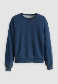 Marina blå crewneck sweatshirt i mjukt tyg, med V-formad halsringning, ribbade manschetter och avslappnad passform. Texturerad yta.