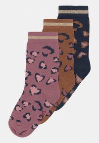 Drei Paar knielange Socken. Farben: rosa mit schwarzen Herzen, braun mit dunkleren Punkten und marineblau mit braunen Punkten. Gerippte Bündchen.