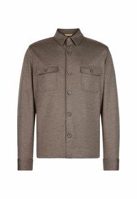 Brun knapp-up skjorta tillverkad av textil med struktur, med en vikbar krage, två bröstfickor och en rak nederkant. Har knäppningar med knappar.