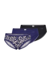 Three pairs of women's brief underwear: dark navy, solid black, and a patterned design with navy and cream. All feature lace trim.