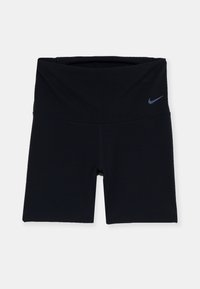 Mustat urheilushortsit, joissa leveä vyötärönauha ja joustavasta kankaasta valmistettu materiaali. Edessä pieni sininen Nike-logo. Sileä pinta.