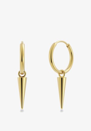 Pendientes de aro de oro con un charm cónico y elegante. La superficie está pulida para un acabado brillante y reflectante. Diseño minimalista.