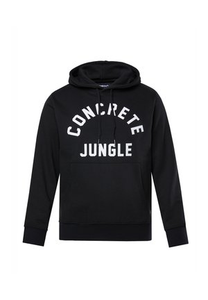 Sudadera negra con cordones y bolsillo frontal. "JUNGLA DE HORMIGÓN" impresa en blanco sobre el bolsillo. Tejido suave y puños acanalados.