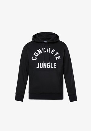 Sudadera negra con cordones y bolsillo frontal. "JUNGLA DE HORMIGÓN" impresa en blanco sobre el bolsillo. Tejido suave y puños acanalados.