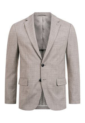 Lysegrå herreblazer med to sorte knapper, hakkede reverser, to forlommer med klapper og en brystlomme, vist forfra og knappet op.