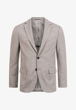 Light gray men's blazer with two black buttons, notch lapels, two front flap pockets, and a chest welt pocket, shown front-facing and unbuttoned.