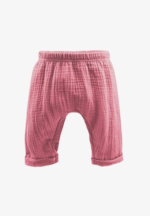 Pantaloni in mussola di cotone rosa con vita elastica, vestibilità ampia, lunghezza cropped e orli con risvolto, caratterizzati da un motivo a griglia testurizzato.