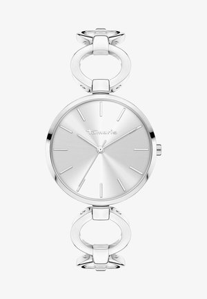 Silberne Uhr mit einem runden, reflektierenden Zifferblatt, minimalistischen Stundenmarkierungen und einem Armbanddesign mit verknüpften Gliedern, das durch kreisförmige Elemente akzentuiert wird.