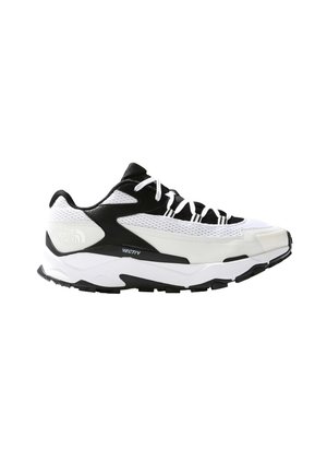 Athletic shoe in white and black with mesh upper, black accents, textured sole, and contrasting laces. Features logo on the side.