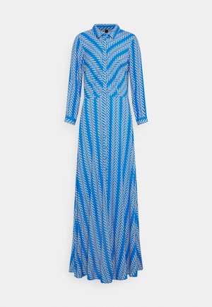 Blauwe maxi-jurk met lange mouwen en kraag, met wit chevronpatroon en een knoopsluiting aan de voorkant, een vloeiende rok en een nauwsluitende taille.