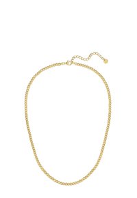 Zeltīta pērlīšu kaklarota ar simetrisku rakstu, kas aprīkota ar omāra sprādzi un regulējamu ķēdīti, lai pielāgotu garumu.