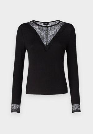 Juodas ilgas rankovėmis palaidinė su raukšlėta tekstūra, turi nėrinių akcentus V formos kakle ir nėrinių detales ant rankogalių. Paprastas ir prigludęs dizainas.