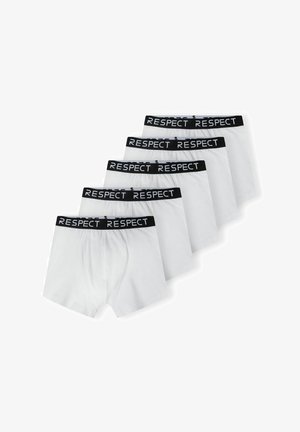 Weiße Boxershorts im Set von fünf, mit einem schwarzen elastischen Bund, auf dem "RESPECT" in Weiß gedruckt ist. Weicher, glatter Stoff.
