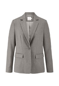 Grijze op maat gemaakte blazer van gestructureerde stof, met een enkele knoopsluiting, geknipte revers en twee voorzakken.