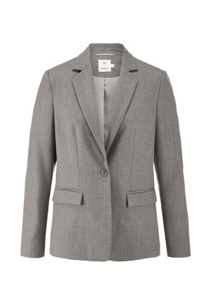 Grijze op maat gemaakte blazer van gestructureerde stof, met een enkele knoopsluiting, geknipte revers en twee voorzakken.