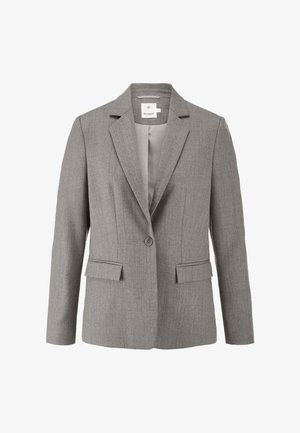 Grau maßgeschneiderter Blazer aus strukturiertem Stoff, mit einem einzelnen Knopfverschluss, Reverskragen und zwei vorderen Taschen.