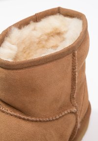 Bota de tobillo de ante marrón con un suave forro de piel sintética color crema. Presenta costuras reforzadas y una forma redondeada. Sin hardware visible.