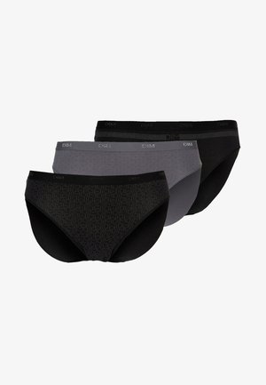 Trois paires de culottes pour femmes en noir, gris foncé et gris clair. La paire noire présente un motif géométrique, tandis que les autres ont des couleurs unies.