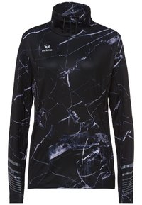 Maglia sportiva nera a maniche lunghe con motivo marmorizzato bianco, colletto alto con lacci e strisce riflettenti sulle maniche inferiori.